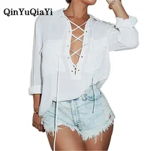 Blusas 2017 Women Turn Down Collar Chiffon Shirt Sexy Deep V Front Lace Up Long Sleeve Blouse Casual Tops Plus Size S-5XL