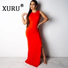 XURU Summer New Hot Women's Sexy Dress Solid Color One Button Open Back Personality Back Metal Belt Dress Split Sleeveless Dress color contrast open back casual dress
