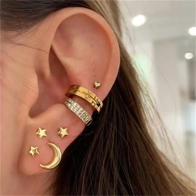 

Punk Moon Five Pointed Star Geometric Crystal Gold Stud Ear Clips Women Fashion Birthday Party Accessories Female Earring Set