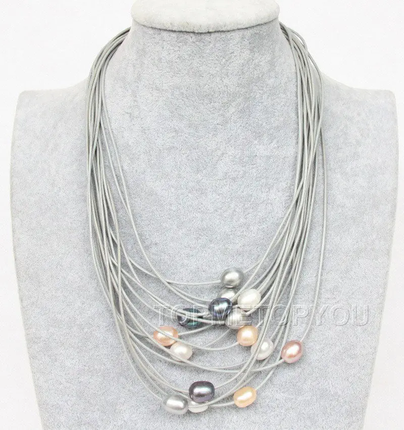 

Hot selling free shipping******* 15Strands big white pink black gray pearls gray leather necklace magnet e2315