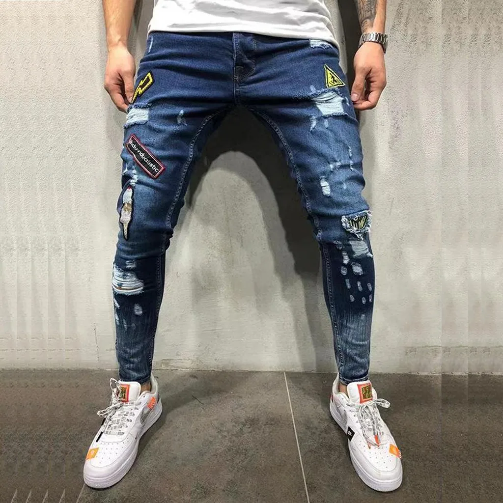 

2019 Mens Pants For Male Casual jeans sale Men Skinny Stretch Denim Pants Distressed Ripped Freyed Slim Fit Jeans Trousers S-3XL