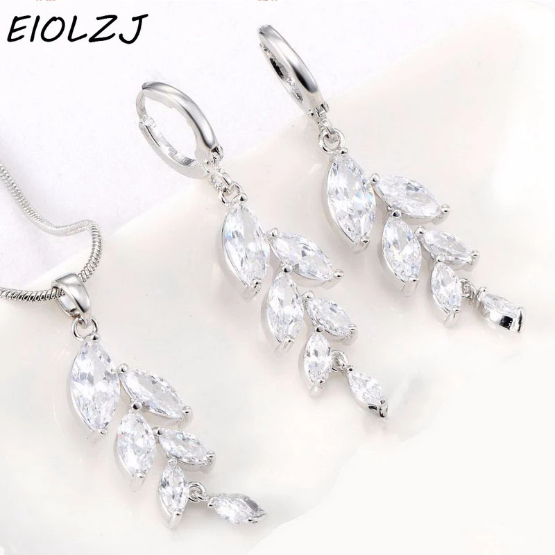 

Silver 925 Jewelry Sets For Women Claasic Leaves White Crystal Earring Sets Pendant Necklace Drop Earrings For Anniversary