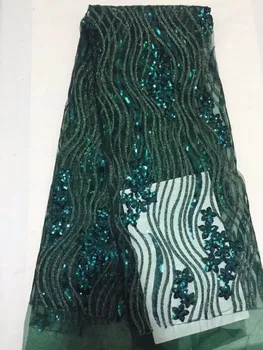 

African French Lace Fabric with 3 d flowers High Quality African Tulle Lace Fabric with sequins 5yards green sequin lace fabric