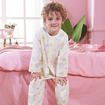 

Boys pure cotton printed gauze long-sleeved pajamas children spring and summer thin money baby home suit
