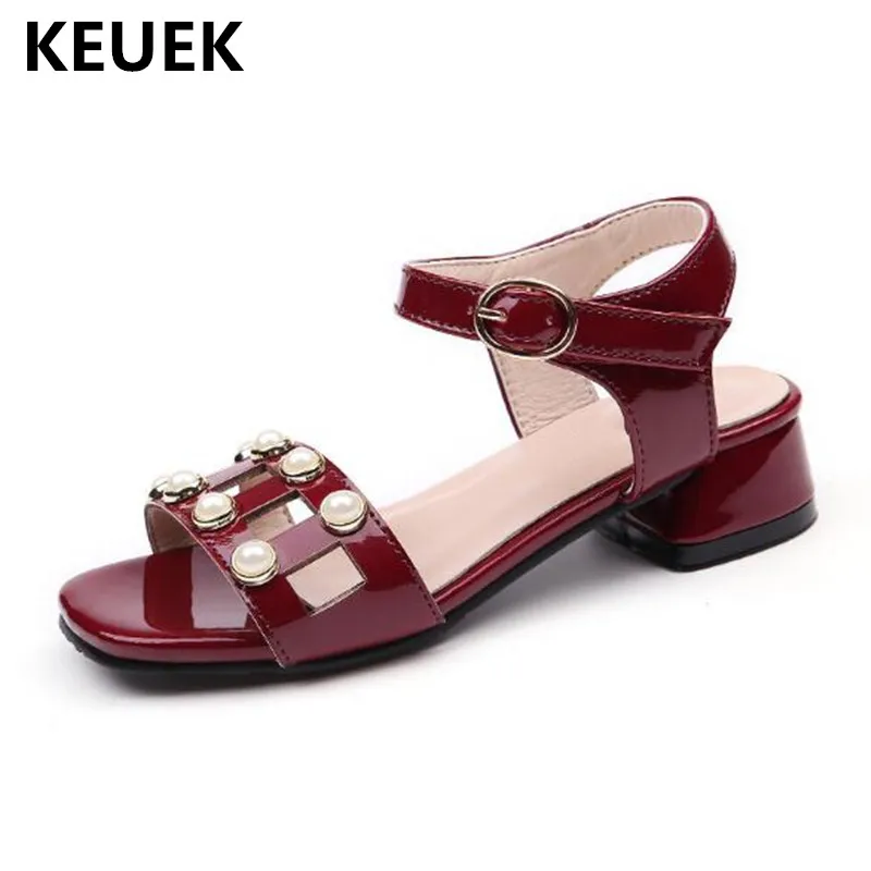 

New Summer Gladiator Sandals Girls Shoes Square heel Pearl Hook & Loop Children Cut-Outs Open Toe Kids Sandals Baby 04