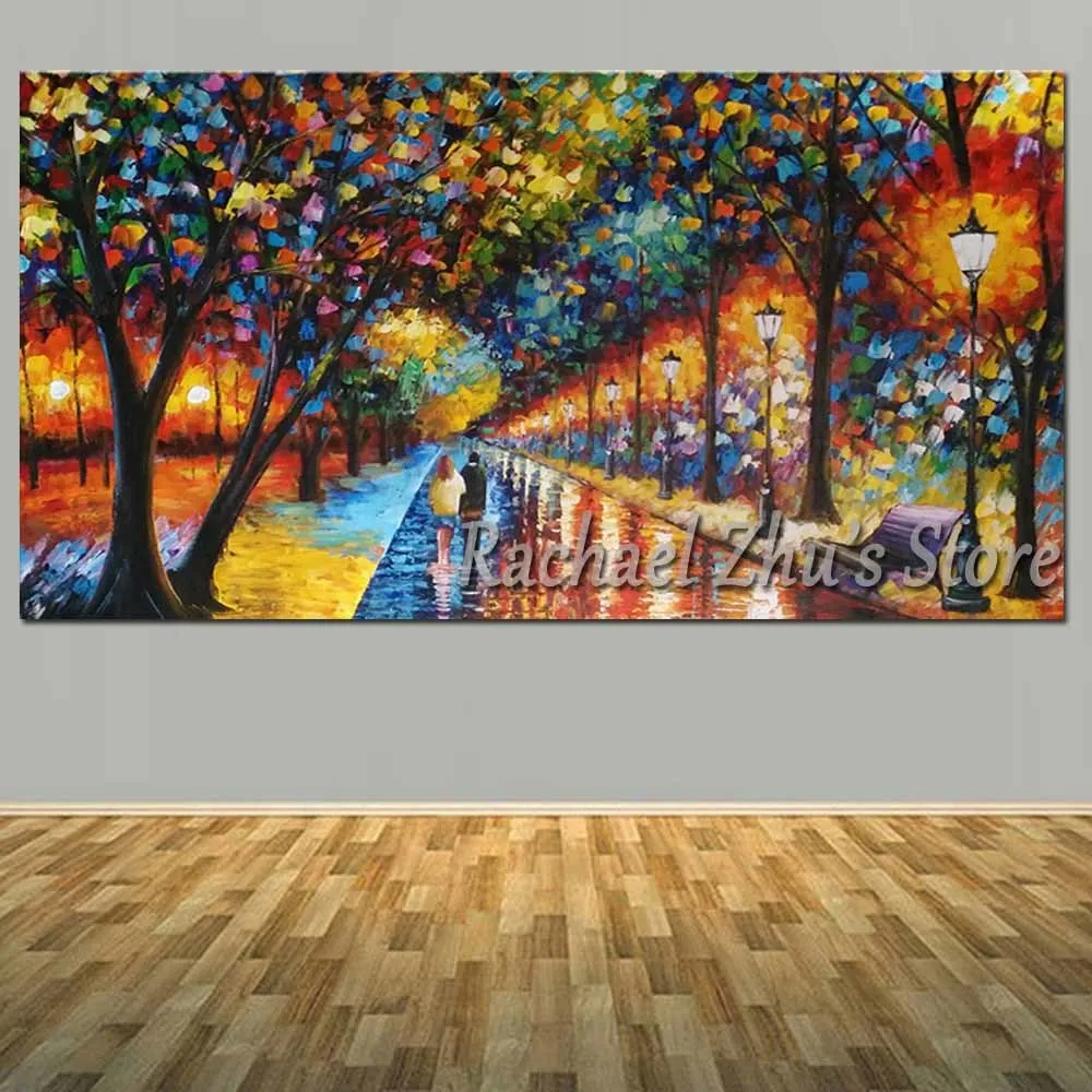 

Hand Painted Abstract Palette Knife Rainy Park Lovers Landscape Oil Painting On Canvas Wall Art Living Room Home Wall Art Decor