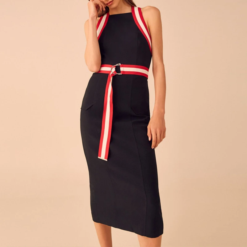 

Tunjuefs Sashes Striped Knitted Dress Women Robe Sexy Off Shoulder Split Dress Backless Vestido Summer Runway Slim Pullovers