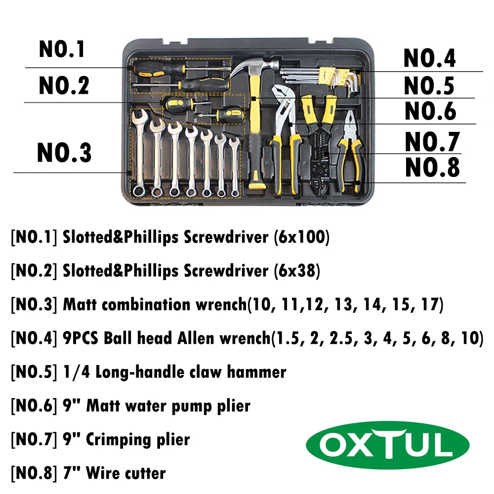 OXTUL 255 шт. набор профессиональных ручных инструментов + ящик для вращения торцевой