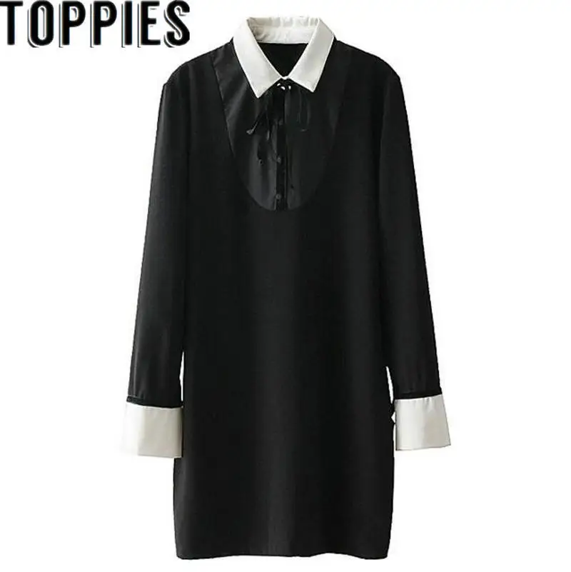 

2019 Women Long Sleeves Black Shift Dress Turn-down White Collar Bow knot Preppy Style Straight Dress Retro Vintage Clothing