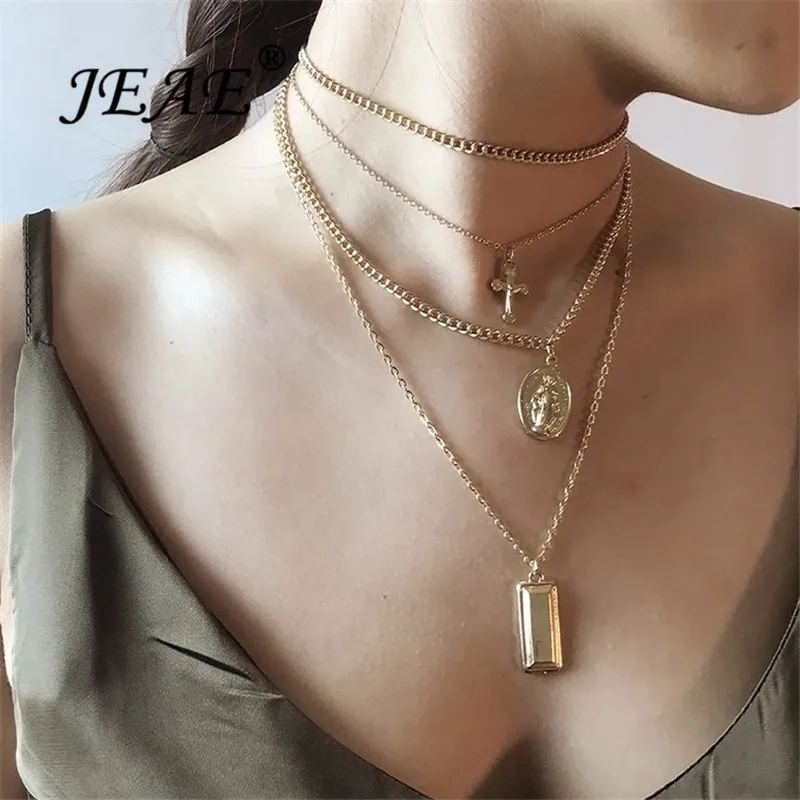 

Bohemian Gold Cross Jesus Virgin Mary Rosary Necklace For Women Multilayer Chains Neck Choker Pendant Necklace Jewelry Collares
