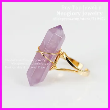 

10pcs Natural Crystal Gems Finger Ring,Metal Color Wire Wrapped Bail Point Ring Hexagon Reiki Charka Quartz Druzy Ring