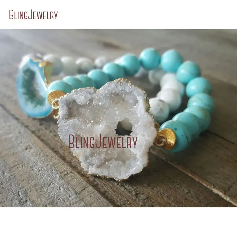 20190325-BM10752-white druzy turquoise howlite with gold discs bracelet druzy bracelet bracelet boho jewelry stackable bracelet gift for her ooak_2