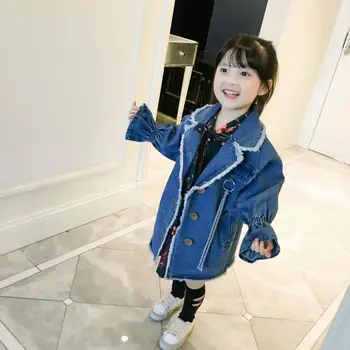

2018 New Winter Kids Girls Denim Trench Coat Jacket Children Long Jacket Fashion Korean Style Long Cute Coat for Autumn Winter