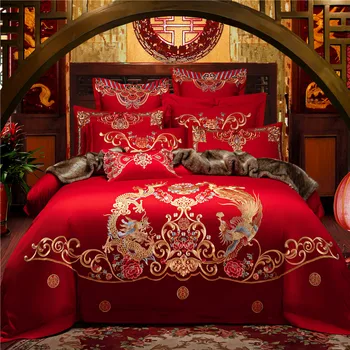 

100% Cotton with embroidery Dragon and Phoenix Wedding Bedding Sets Chinese Dragon and Phoenix Red Wedding Duvet Bedlinen King