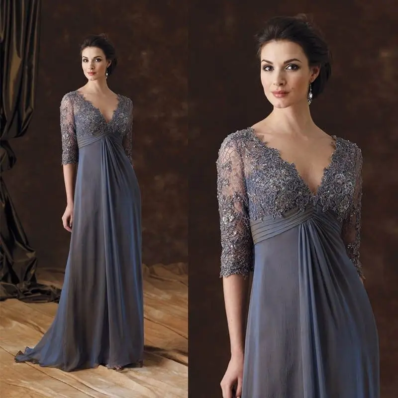 

Dark Gray V-neck Mother of the Bride Dresses Elegant Lace Mother Dresses Sheer Half Sleeve Formal Evening Dress