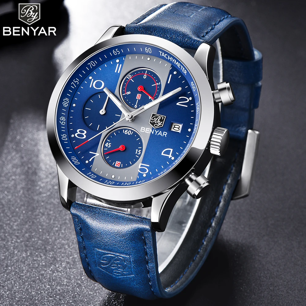 New Benyar Fashion Blue Watch Men Leather Strap Mens Watches Top Brand