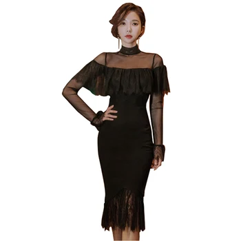 

Wsfs 2 Pieces Dresses Lace Mesh Black Long Sleeve Ruffles Turtleneck Bandage Women Dress Office Sexy Party Pencil Midi Dress