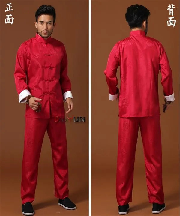Высококачественная бордовая китайская мужская униформа кунг-фу Шелковый Атласный Костюм для у-шу, винтажная одежда на пуговицах M L XL XXL XXXL