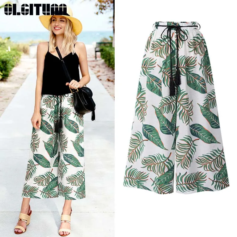 

New 2019 Female Summer Floral Wide Leg Pants Thin Section High Waist Loose Printed Casual Nine Large Size Pants PT251