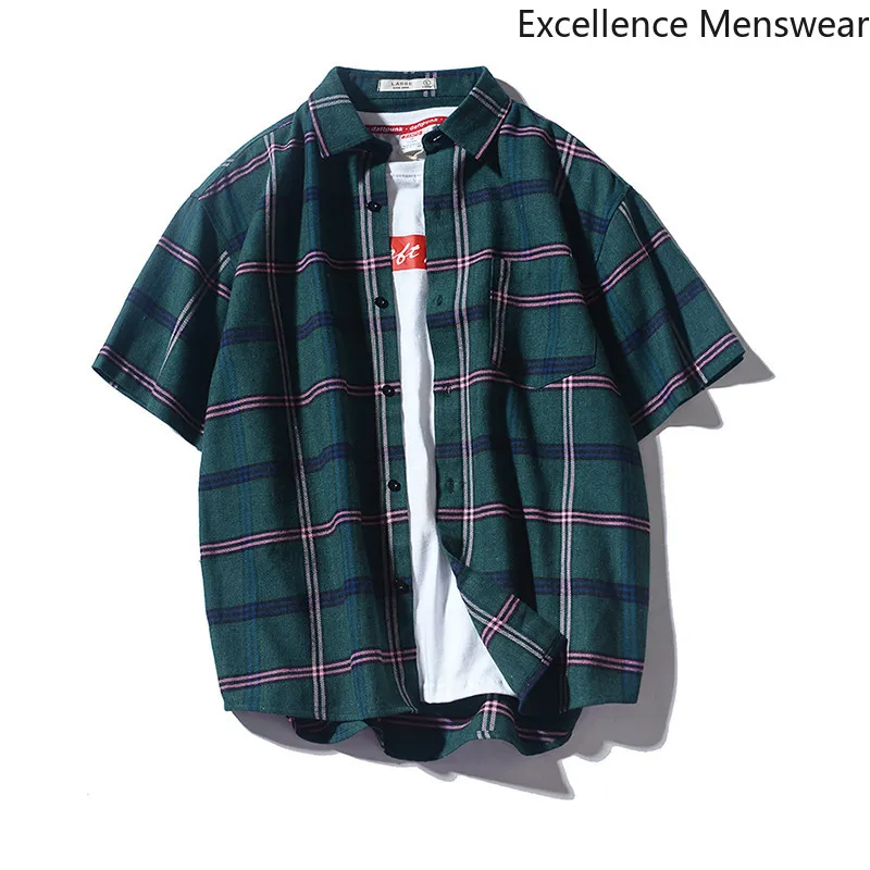 

Summer Mens Checkered Shirts Short Sleeve Shirt Ulzzang Korean Harajuku Student Shirts Men Plaid Korean Fashion Dress Shirt WW