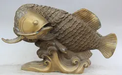 JP S0524 16 Китайский Латунь Народная Богатство Деньги Рыба золотая рыбка барракуда Статуя скульптура