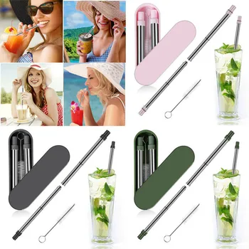 

Reusable Metal Folding Collapsible Drinking Straw Portable With Cleaning Brush Set