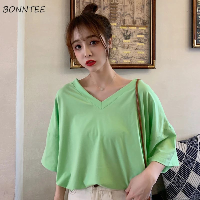 

T-shirts Women Korean Style V-Neck Loose Leisure Solid Color Womens Trendy All-match Daily Simple Comfortable Elegant Summer New