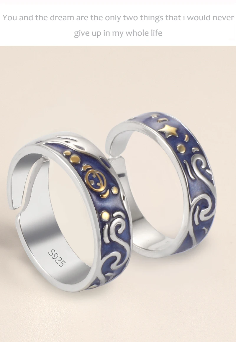 Qevila 2019 Fashion Personalized Rings Customized Van Gogh Enamel Ring 925 Sterling Silver Gold Moon Star Canvas Rings for women (13)