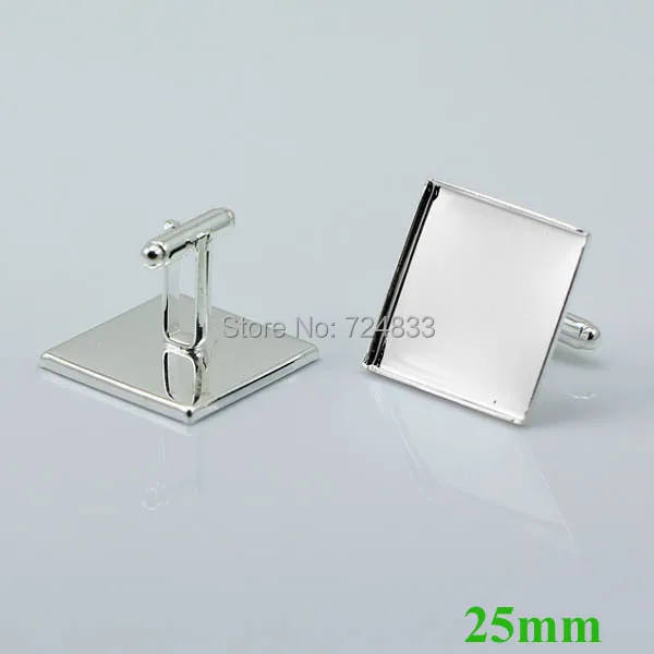 New Silver Plated 25mm Square Bezel tray Bases Cabochon Setting Metal Men's Cuff link Blank