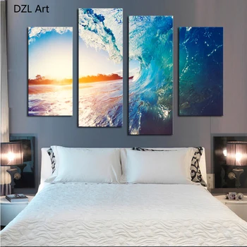 

4 Panel(No Frame) Waves and sunsets Picture Wall Decor Print on Canvas Oil Painting Canvas Painting for Christmas Gift