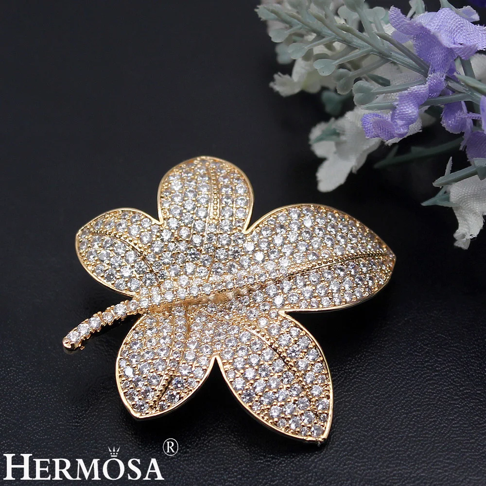 HERMOSA JEWELRY Exquisite Zircon Lucky Leaf Design Brooch For Women Yellow Gold Pins Brooches Shiny Party Gift Wedding Jewellery | Украшения