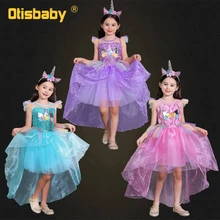 Детское платье с цветочным принтом и единорогом для дня рождения; костюм для девочек на Рождество и год; платье принцессы с длинным шлейфом для девочек; roupa infantil