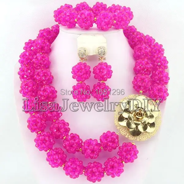 

Hot Pink Fashion Crystal Ball Costume Jewellery Nigerian Wedding African Beads Jewelry Set HD0274