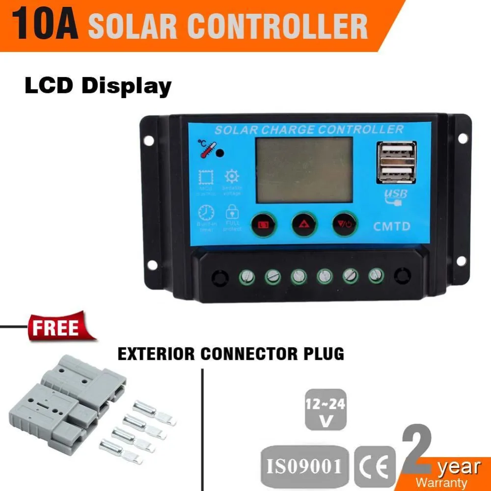 

2x 50AMP Exterior Connector+10A 12V/24V PWM solar charge controller LCD display solar cell panel charge battery Regulator