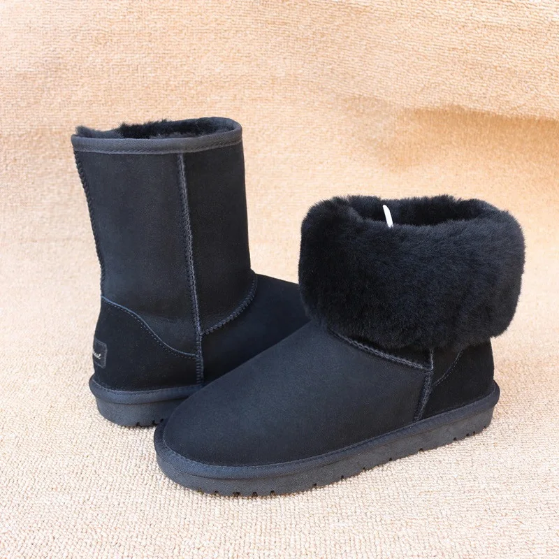 Коричневые мужские зимние ботинки; теплые зимние ботинки из овечьей кожи в австралийском стиле; Роскошные замшевые ботинки до середины икры с натуральным мехом; большие размеры; натуральная кожа