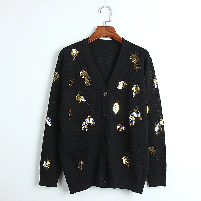 

Designer Runway Women Cardigans 2019 Autumn Sweater Sequins Loose Cardigan Knitted White Hollow Out Casual Coat Loose Outwear