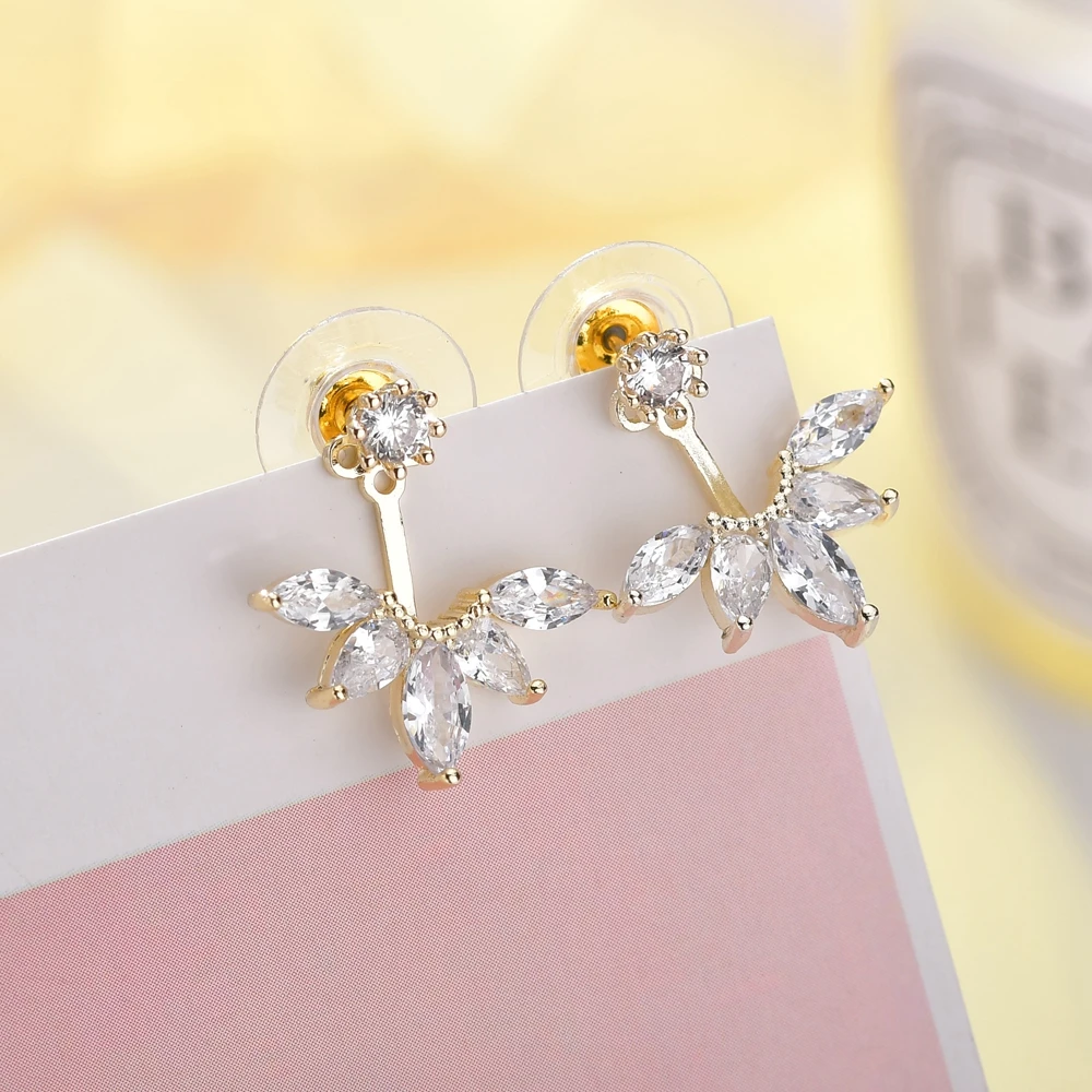 

Korean Jewelry Leaf Crystal Earrings for Women Fashion Gold Silver Color Double Sided After Hanging Cubic Zirconia Earrings