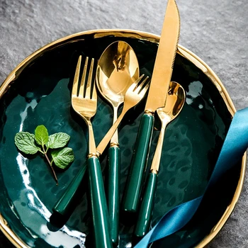 

Luxury green gold Cutlery Set Tableware Fork Knife Spoon Table Dinnerware Drop Shipping