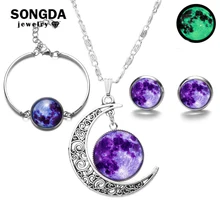 SONGDA светящийся в темноте Galaxy Moon Кулон Ювелирные наборы стеклянный кабошон светящийся ожерелье браслет серьги Модные ювелирные изделия