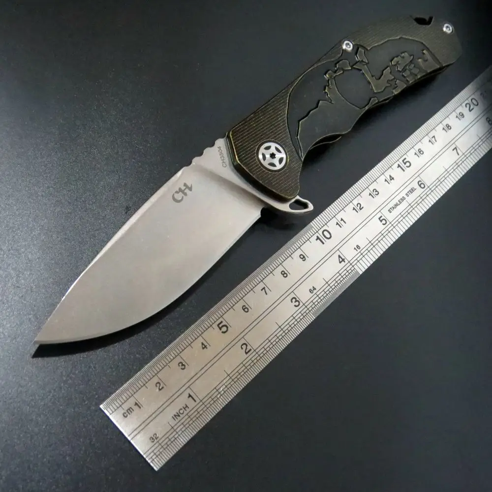 

Recommend Hand Tool CH 3504 Folding Knife S35VN Stonewash blade Black Gold TC4 Titanium Handle ball Bearings camping knife