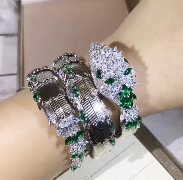 

ZOZIRI luxury brand replica jewelry cz stone three layer serpent bangle stretch snake bracelet with green eyes party jewelry