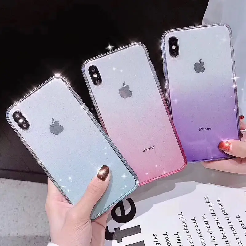 

Gradient Shining Glitter Powder Diamond Frame Phone Case For iPhone X XR XS Max 8 7 6 6S Plus Transparent Anti-shock Soft Cover