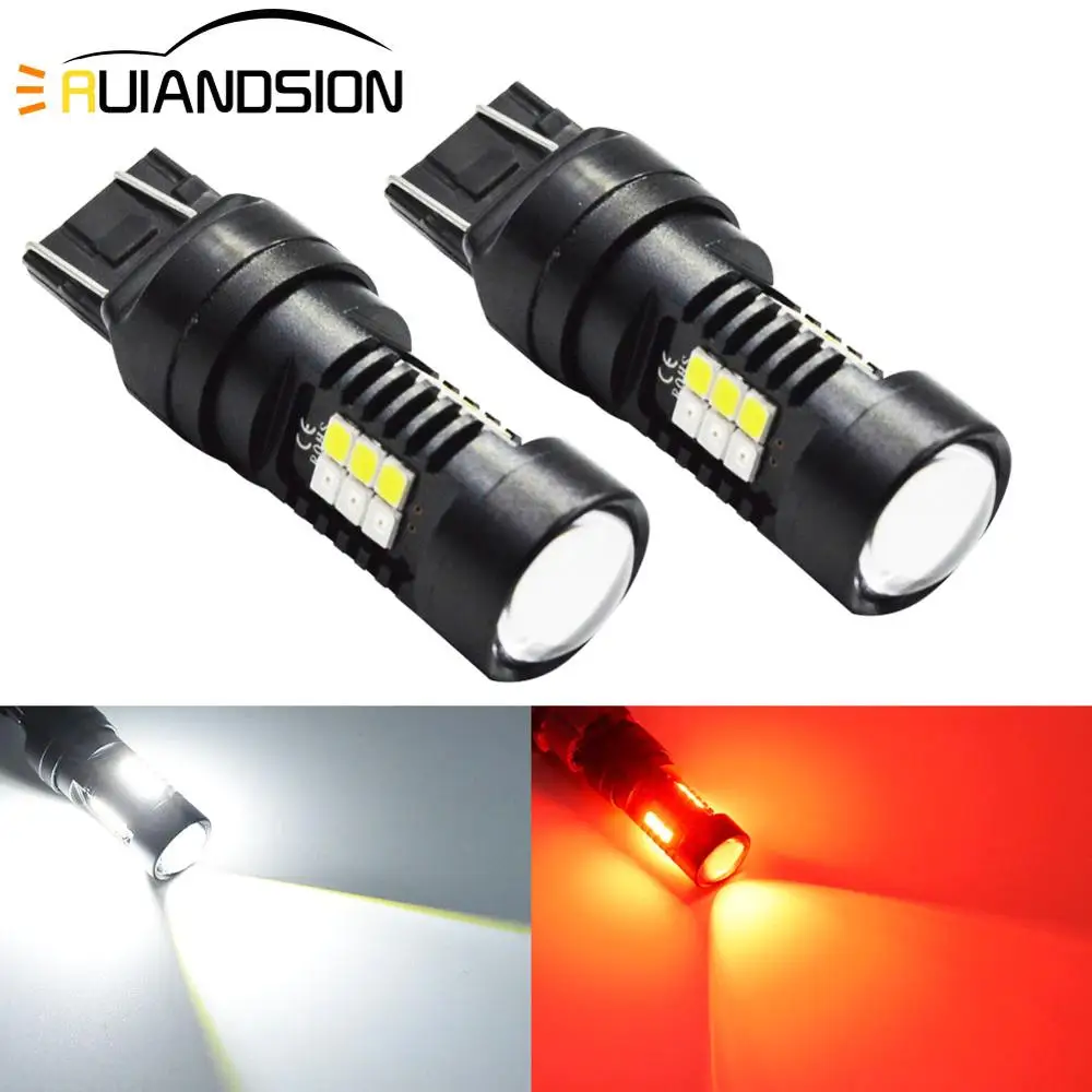 

2pcs 7443 W21/5W Non-polar CK base Led Bulbs Brake Turn Signal Light Super Bright Red/White Dual Color Switchback Led With Lens