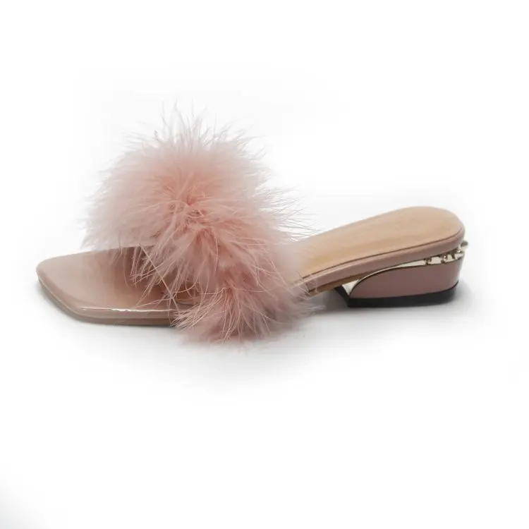 Сладкий розовый перо чехол-книжка с ремешком для большого пальца; женская обувь на толстом каблуке с накладкой поверх каблука; сандалии с меховой отделкой прозрачная пляжная обувь Летняя обувь женские сандалии с мехом в стиле «Гладиатор» sandals209