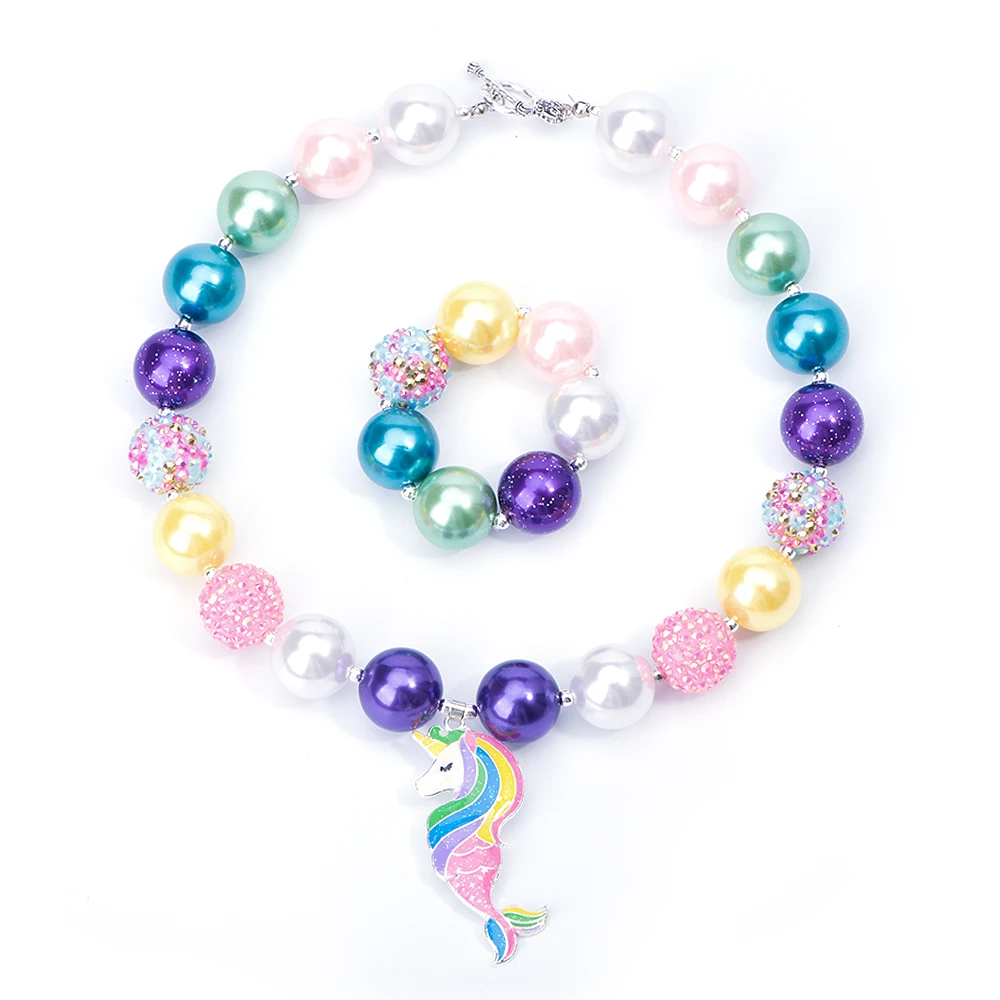 

Mermaid Unicorn Chunky Necklace Glitter Enamel Pendant Girls Colorful Bubblegum Necklace and Bracelet Set Handmade Gift for Kids