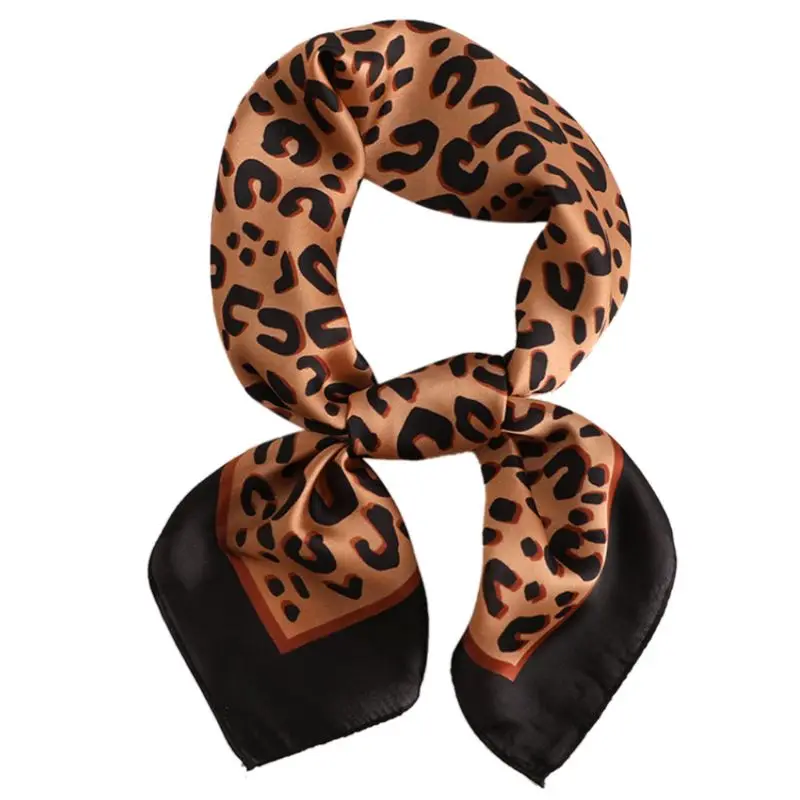 

70x70CM Vintage Imitation Silk Women Square Neck Scarf Contrast Colored Plaid Leopard Print Bandana Office Handkerchief Headwrap