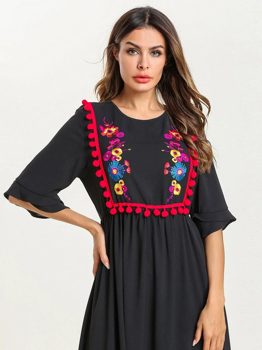 Повседневное мусульманское Макси платье с вышивкой абайя Этническая Женская помпон-кисточка цветочный длинный халат кимоно Рамадан Арабская Исламская одежда