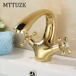 Mttuzk Европейский Длинные Шеи Золотой Латунь, сидя на двойная ручка одно отверстие бассейна кран горячей холодной смесителя ванной кран