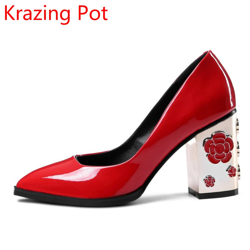 

Genuine Leather Slip on High Heels Flower Shallow Pointed Toe Women Brand Shoes Large Size Pumps Superstar Wedding Shoes L19
