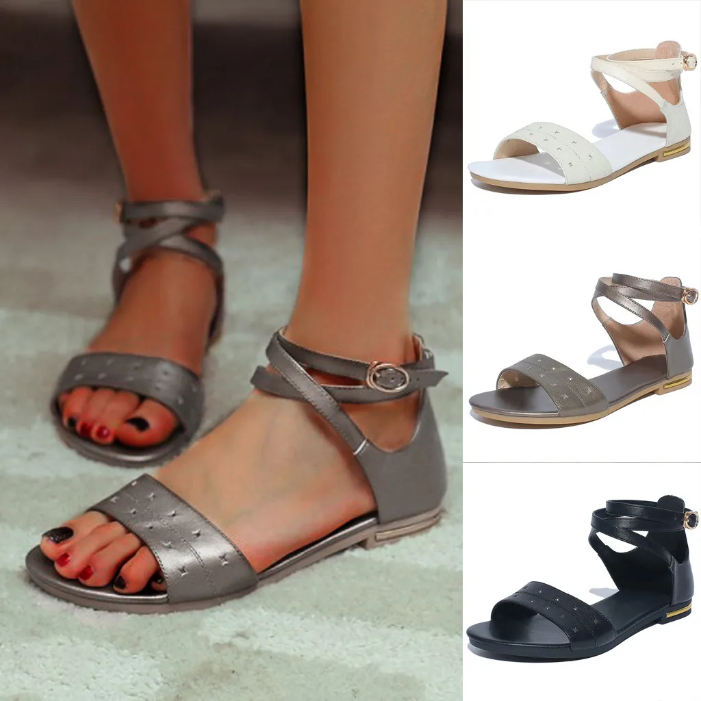 

shoes woman sandals casual flat zapatos de mujer Summer Women's Open Toe Sandals Ankle Strap Buckle Large Size Flat Beach Shoes